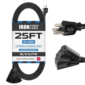 25 Ft Outdoor Extension Cord with 3 Electrical Power Outlets Durable Black Cable - Picture 1 of 8