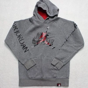Nike Air Jordan Youth Hoodie Grey Red Jump-man Logo Sweatshirt Size L 12–13 Yrs - Picture 1 of 6