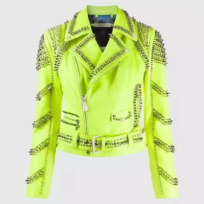 Women Studded Leather Jackets Brando Green Bikers Leather jacket Stylish jackets - Image 1 of 4