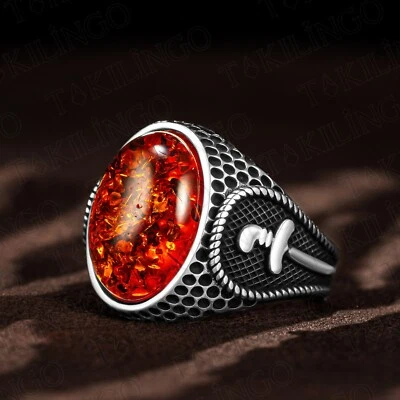 Solid 925 Sterling Silver Sword Motif Oval Baltic Amber Stone Men's Ring - Image 1 of 4