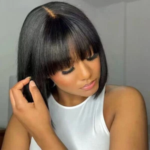 New 3X1 Middle Part Lace Wig Bob Wigs Wigs with Bangs Human Hair Wigs for Women - Picture 1 of 16