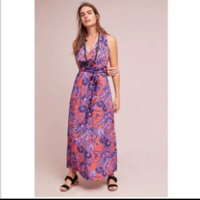 Maxi Vestido Damas Anthropologie Maeve Naranja Púrpura Floral Sin Mangas Talla 4 Foto 1 de 4