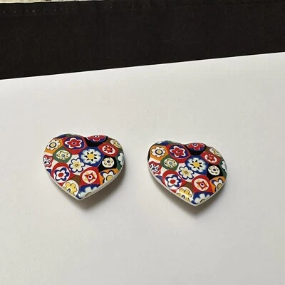 Large Oversized Ceramic Heart Clip On Earrings Multi Color Floral Mosaic Print - Image 1 of 4