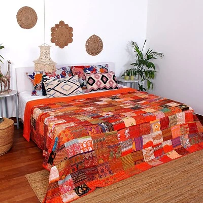 Vintage King Size  Silk Sari Patchwork Kantha Quilt Handmade Bedding Blanket - Image 1 of 4