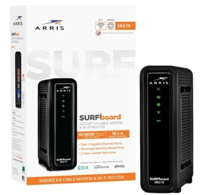 ARRIS SURFboard SBG10 DOCSIS 3.0 16x4 Gigabit Cable Modem & AC1600 Wi-Fi Router - Image 1 of 2