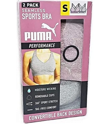 PUMA 2 Pack Seamless Performance Sports Bra, Moisture Wicking, Pink/Grey, Small - Image 1 of 3
