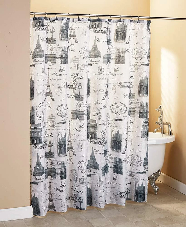 ROMÁNTICA CORTINA DE DUCHA DE BAÑO VINTAGE TEMÁTICA PARÍS BLANCO Y NEGRO 70"X72" Foto 1 de 1