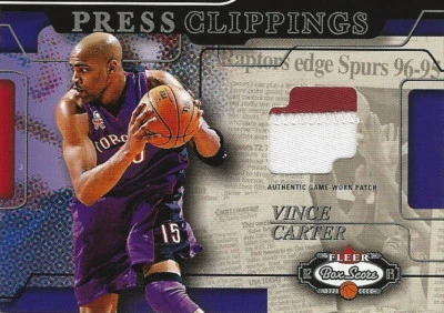 2002-03 Vince Carter Fleer Box Score Press Clippings GAME WORN PATCH #20/50   - Image 1 of 2