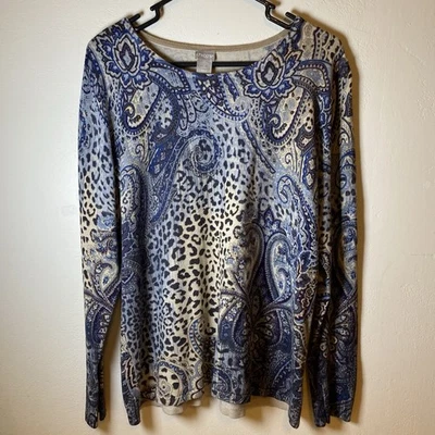 Blusa Top Chico's Estampado Animal Mujer Talla 2 Negra Beige Azul. Foto 1 de 4