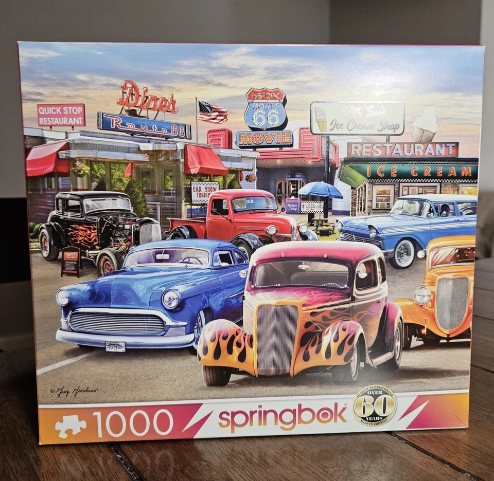 SPRINGBOK "Classic Car Show" 1000 pc jigsaw puzzle ROUTE 66 Hot Rods - Red Truck - Image 1 of 4