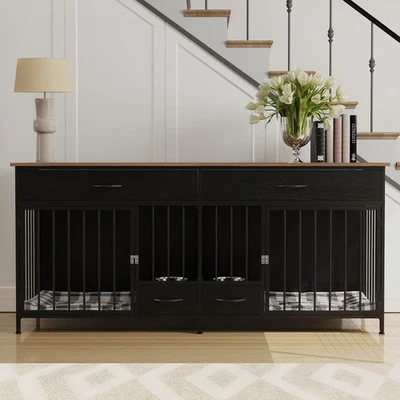 Perrera de madera interior para 2 perros muebles de jaula grande para perros soporte de TV con comedero para perros Foto 1 de 4