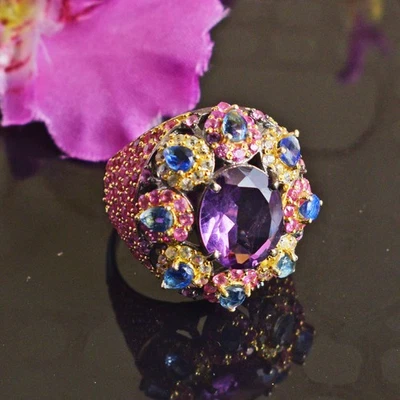 Anello a cupola in argento 925 pietra preziosa ametista kinite zaffiro rosa... - Immagine 1 di 4