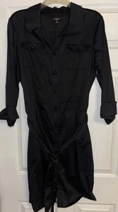 Talbots Shirt Dress 14 Black Ball Button Front 3/4 Sleeve Belted Polished Cotton - Picture 1 of 13