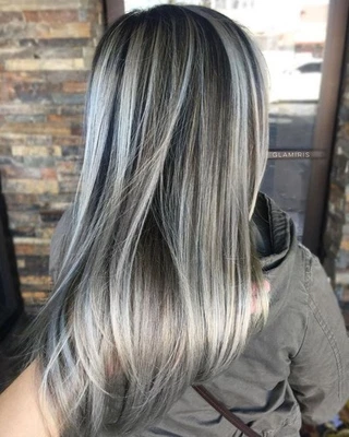 Balayage Black Silver Gray Highlight Full Wigs 100% Human Hair Lace Front Wigs - Image 1 of 4