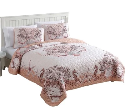 Juego de edredón CARIBBEAN JOE Coastal de 3 piezas, Queen, Beach Delight Coral Foto 1 de 4