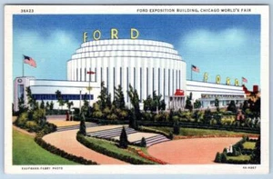 1930er CHICAGO WELTAUSSTELLUNG FORD AUSSTELLUNG GEBÄUDE AMERIKANISCHE FLAGGEN POSTKARTE - Bild 1 von 2