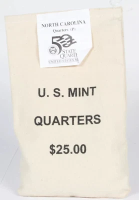 2001 P North Carolina State Quarters Original $25 Mint Sewn Bag 100 Coins QE1 - Image 1 of 2
