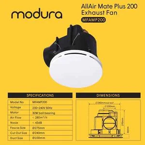 Modura AllAir Mate 200 Plus 240mm Cutout 275mm Fascia Round Ceiling Fan Bathroom - Picture 1 of 2