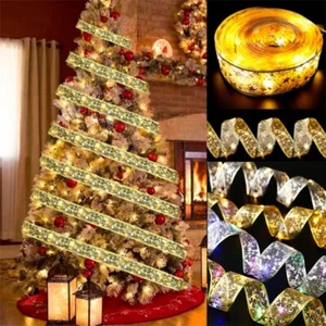 1-10m LED Ribbon Christmas Tree Top Topper Light Light Up Bow Xmas Hanging Decor - Picture 1 of 27