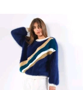 Pull ANGORA "Gloria "Anny Blatt Blue Marine Loose rayure Dubaï - Picture 1 of 3