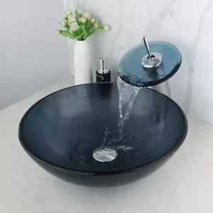 US Round Tempered Glass Bathroom Vessel Basin Sink Bowl Waterfall Faucet set - Picture 1 of 10