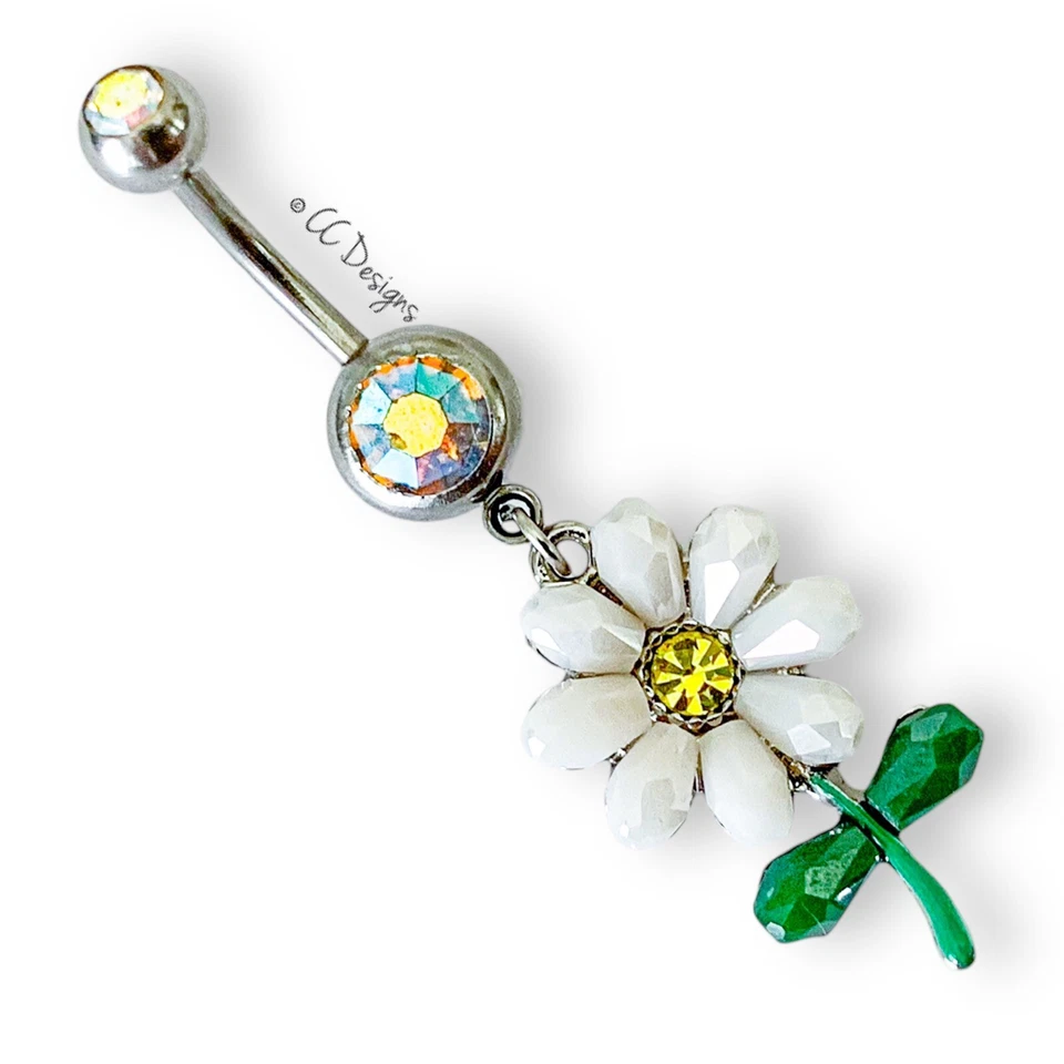 14g aurora borealis sparkle cz dangle white yellow green daisy belly ring B138 - Image 1 of 2