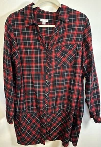 J. Jill Shirt Damen 1X V-Ausschnitt kariert Knopfleiste rot schwarz Langarm Tunika - Bild 1 von 6