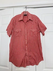 Vintage Sears Western Wear Size Large 16-16.5 Tall Red Checked Shirt Pearl Snap - Picture 1 of 4