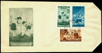 1953 Pioneers,Planting Trees,Physics Lab,Flying Model planes,Romania,Mi.1425,FDC - Image 1 of 2
