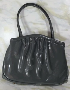 Vtg Garay Handbag Footed Purse Gray Gold Accents Patent Leather Vinyl Look MCM - Picture 1 of 6