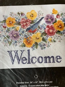 Vtg Janlynn Pansy Welcome Counted Cross Stitch Kit 20" X 14" Eleanor Engel NEW - Picture 1 of 6