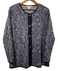 Exklusive Misook Knopfleiste Strickjacke Pullover blau lila Paisley Gr. L Karriere - Bild 1 von 8