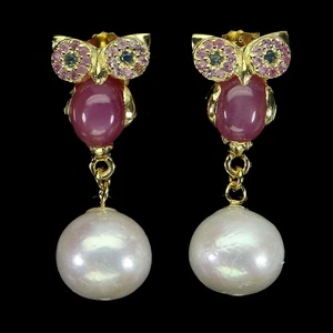 925 Sterling Silver Earrings Oval Ruby 7x6mm Sapphire Pearl Gemstone Owl Jewelry - Picture 1 of 14
