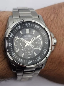 Seiko Solar Black Dial Stainless Steel Men's Watch SNE015P1 Chronograph - Picture 1 of 13