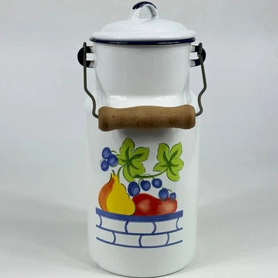 Vintage French Kitchen Traditional Shape White Fruit Design Enamel Milk Pail - Image 1 of 4