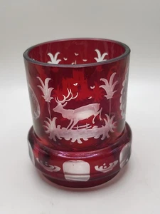 Vintage Bohemian Ruby Red Cut to Clear Glass Tumbler Deer Castle 3” - Picture 1 of 6