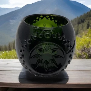 Heavy Green Glass Starburst Votive Tealight Candle Holder 2.35” H X 2.0” Round - Picture 1 of 5