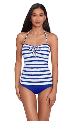 Top de natación Tankini a rayas con cordones Lauren Ralph Lauren para mujer talla 4 1149 Foto 1 de 2