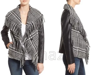 Guess Womens shawl moto sweater jacket fringe collar plaid Womens size XS - Picture 1 of 2