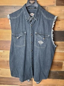 Harley Davidson Denim Cut Off Sleeveless Button Down Vest Shirt Sz XXL Biker - Afbeelding 1 van 8