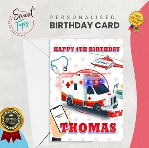 PERSONALISED A5 BIRTHDAY CARD AMBULANCE THEME | ANY NAME | AGE - Picture 1 of 3