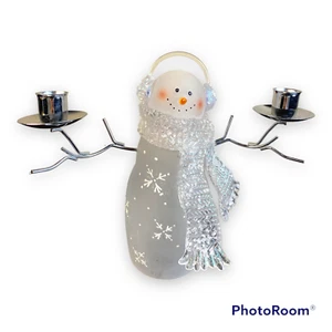 Frosted Acrylic Snowman  9" Metal Arms Earmuffs Scarf Taper Candle Holder - Picture 1 of 8