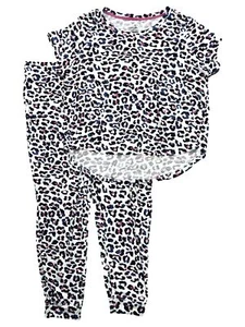 Womens Blue & Pink Leopard Print Knit Pajamas Sleep Set Top & Jogger Pants - Picture 1 of 2
