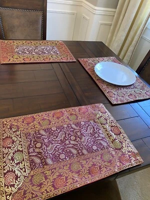 2 Table Place Mats Red Table Decor Silk Motifs Gold Brocade 12 X 18 Inch Boho - Image 1 of 4