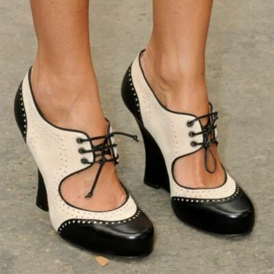 Womens Retro Mary Jane Block High Heel Pumps British Lace Up Shoes Vintage Hot - Image 1 of 4