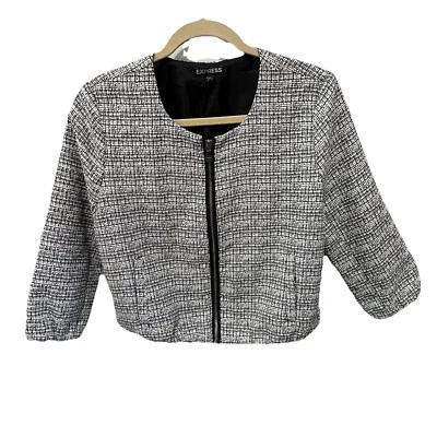 Chaqueta Mujer Mediana Negra Blanca Texturizada Express Burbuja Recortada Tweed Look Cremallera Foto 1 de 4