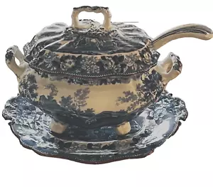 Big Beautiful Davenport? Blue Cows & Horses TransferwareTureen Ladle Tray - Picture 1 of 14