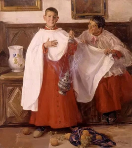 Ｏｉｌ　ｐａｉｎｔｉｎｇ jose benlliure y gil - monaguillos altar boys with fruits on canvas - Picture 1 of 1