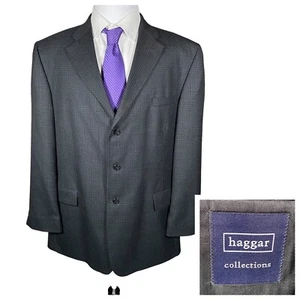 Haggar Collections Sport Coat Men's 48L Poly Wool Charcoal Navy Plaid Blazer - Picture 1 of 13