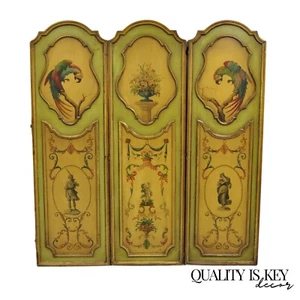Antique French Louis XV Green Painted Parrot 3 Panel Venetian Room Screen (D) - Picture 1 of 14
